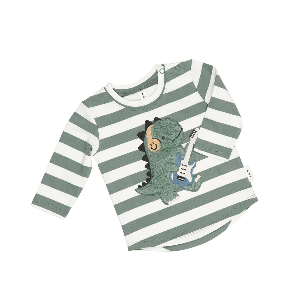 Furry Dino Stripe Top - Spruce + Almond