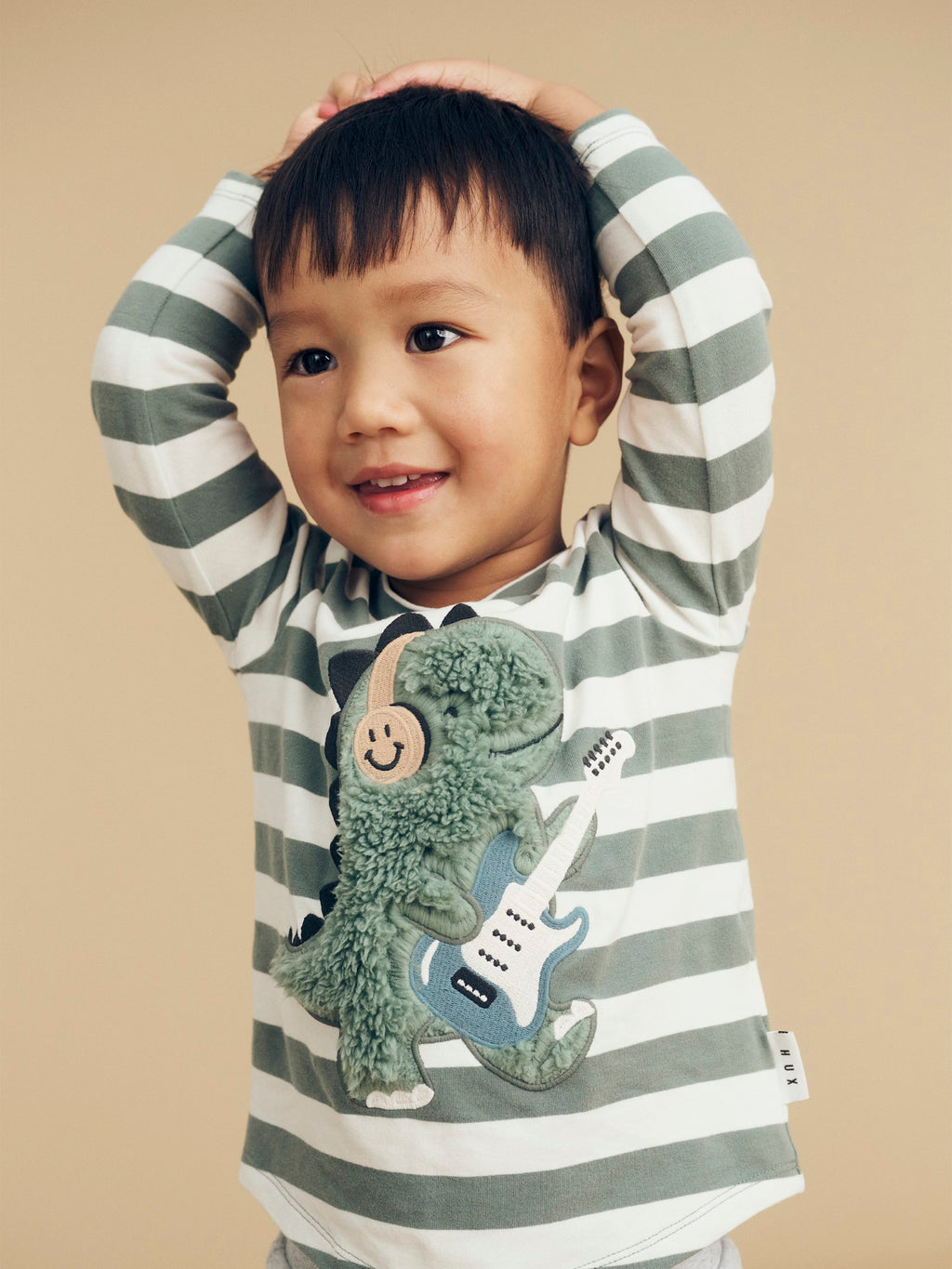 Furry Dino Stripe Top - Spruce + Almond