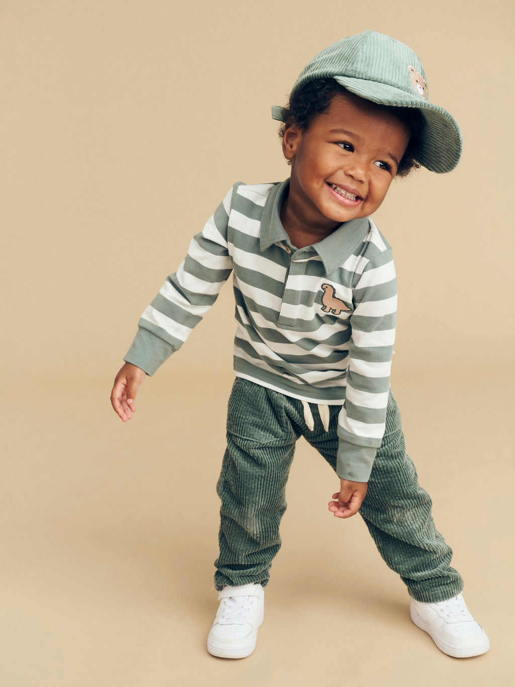 Dino Stripe Polo - Spruce + Almond