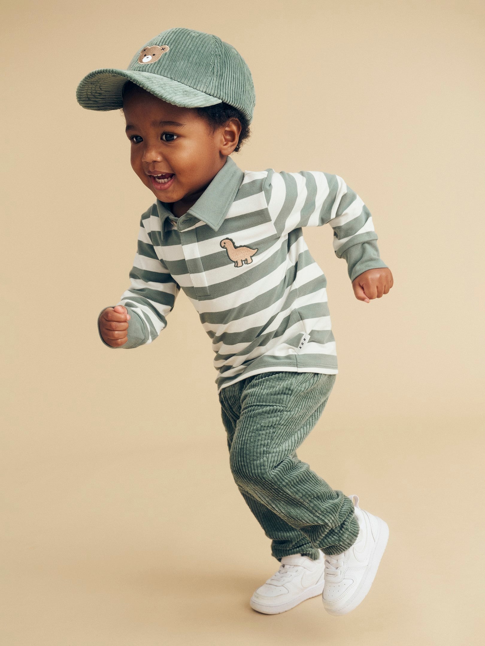 Dino Stripe Polo - Spruce + Almond