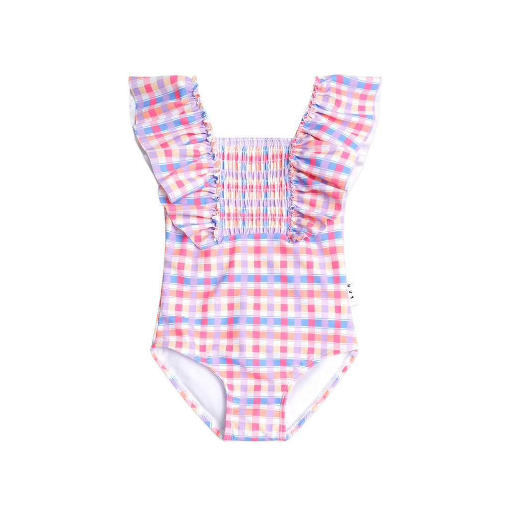Huxbaby Shirred Frill Swimsuit Rainbow Check