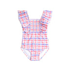 Shirred Frill Swimsuit Rainbow Check