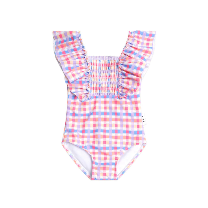 Huxbaby Shirred Frill Swimsuit Rainbow Check