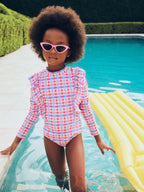 Scandi Frill Swimsuit Rainbow Check