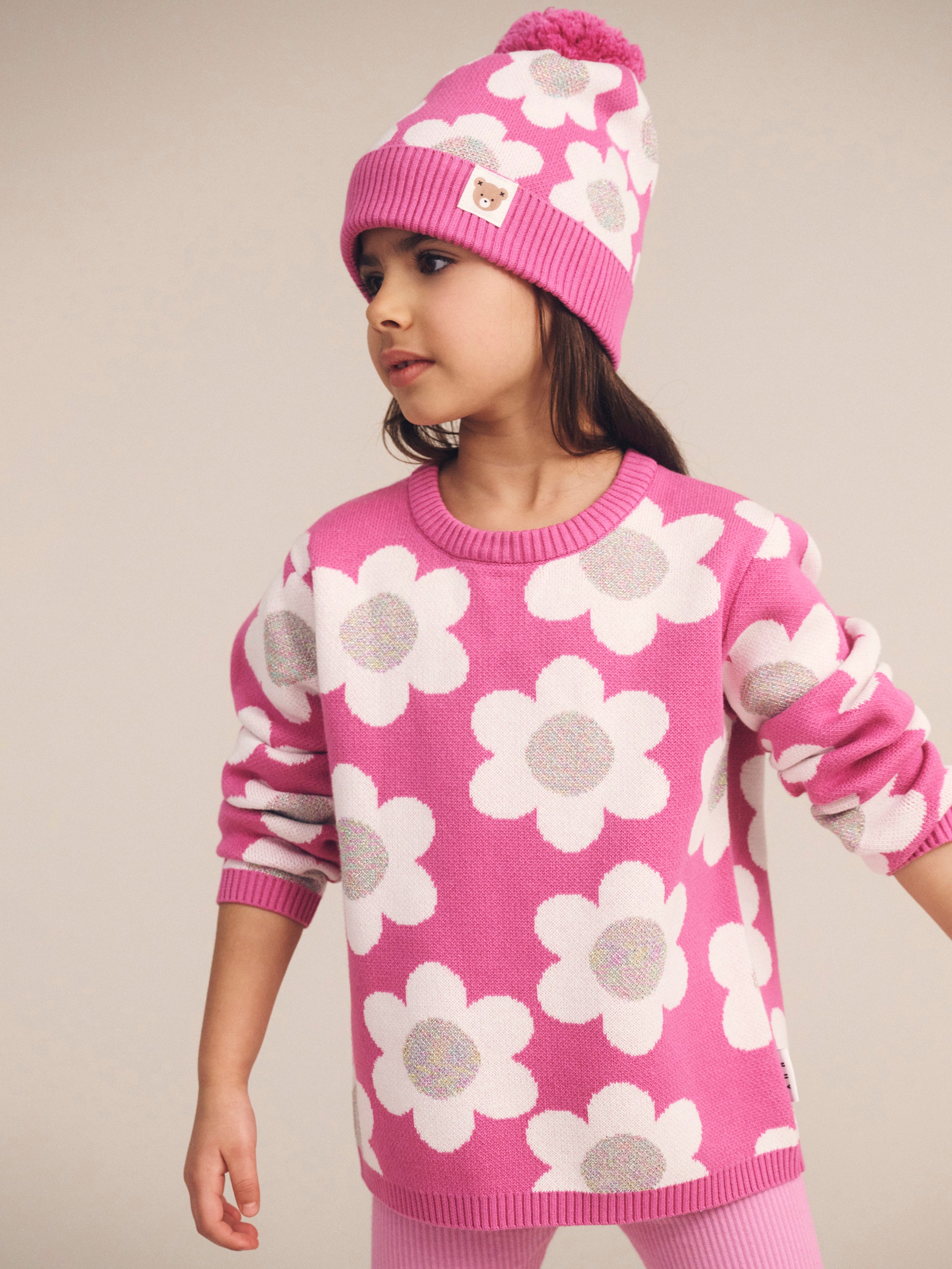 Raspberry Daisy Knit Beanie