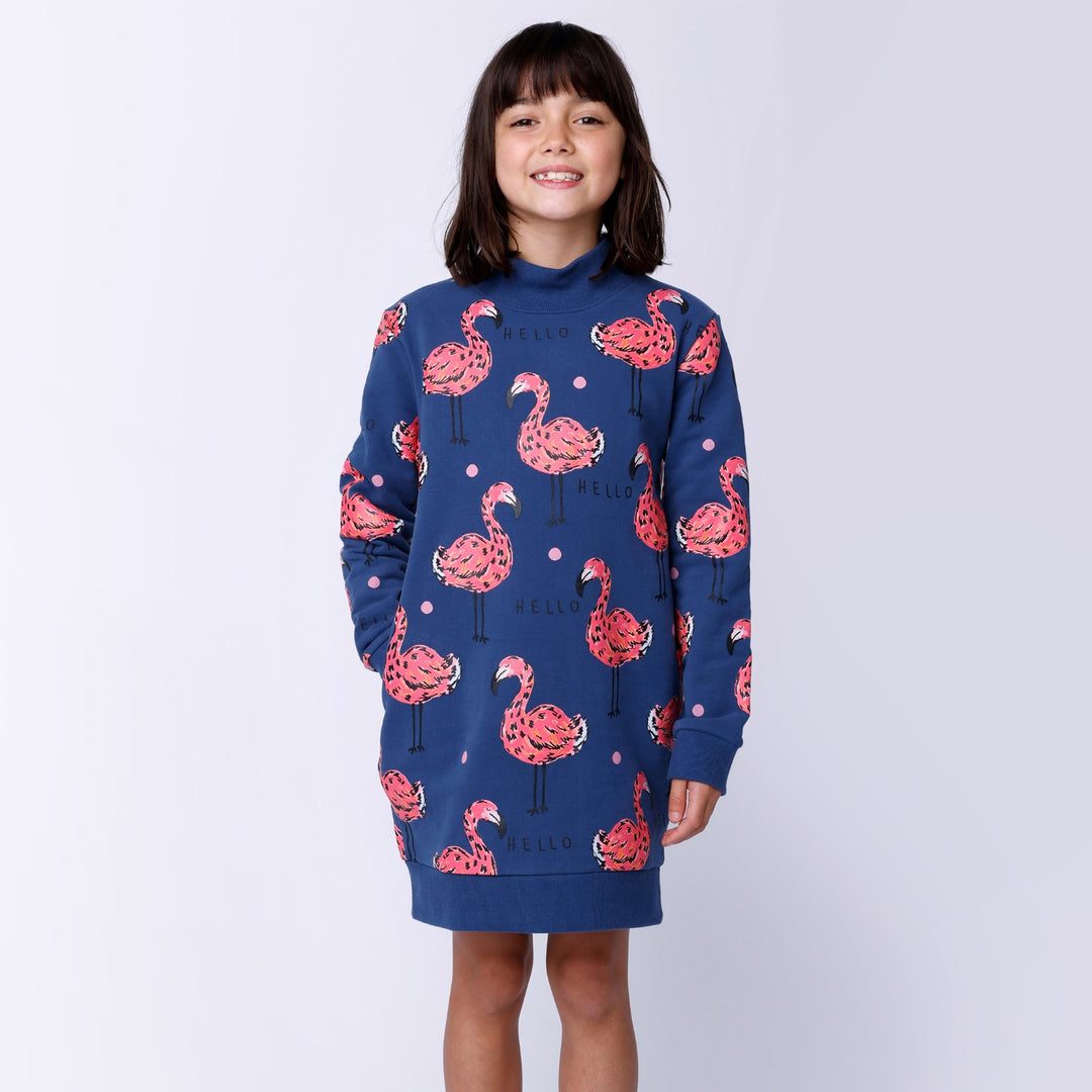 Minti Flamingo Party Furry Dress - Navy