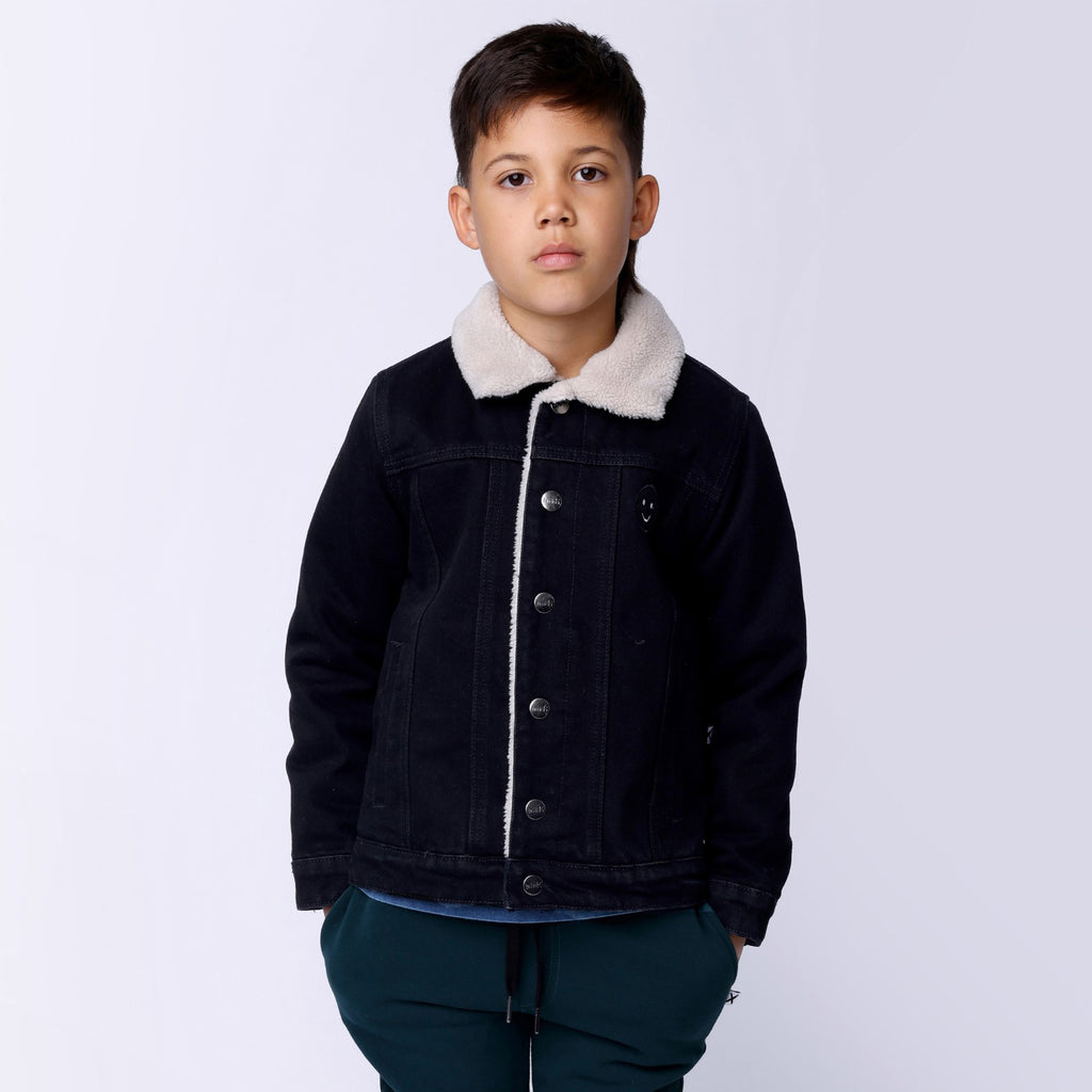 Teddy Lined Denim Bomber - Black