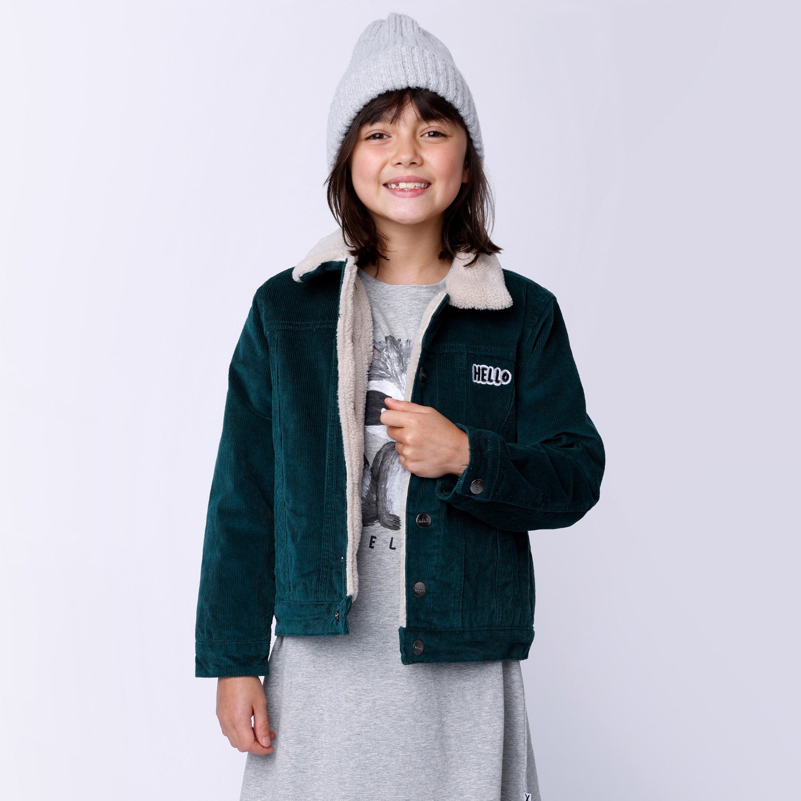 Teddy Lined Cord Bomber - Dark Green
