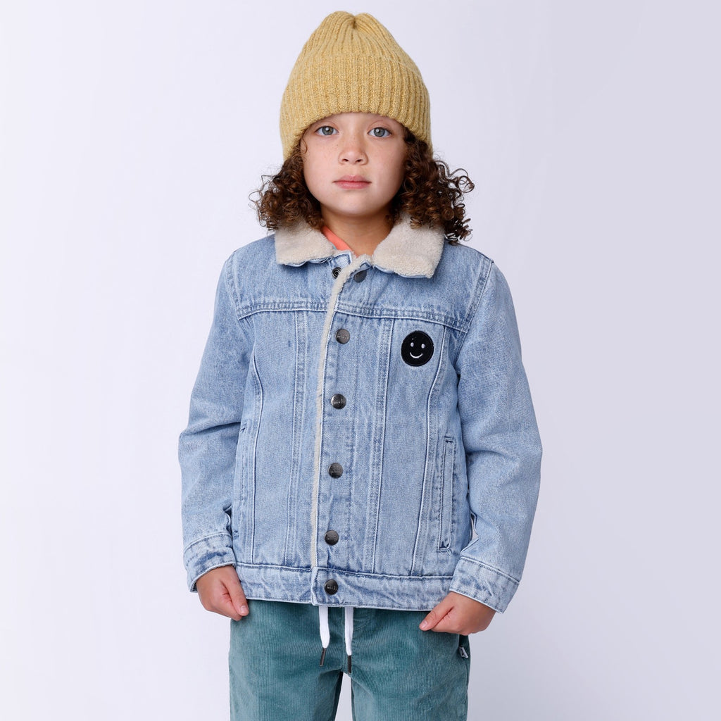Happy Face Denim Bomber - Blue Denim