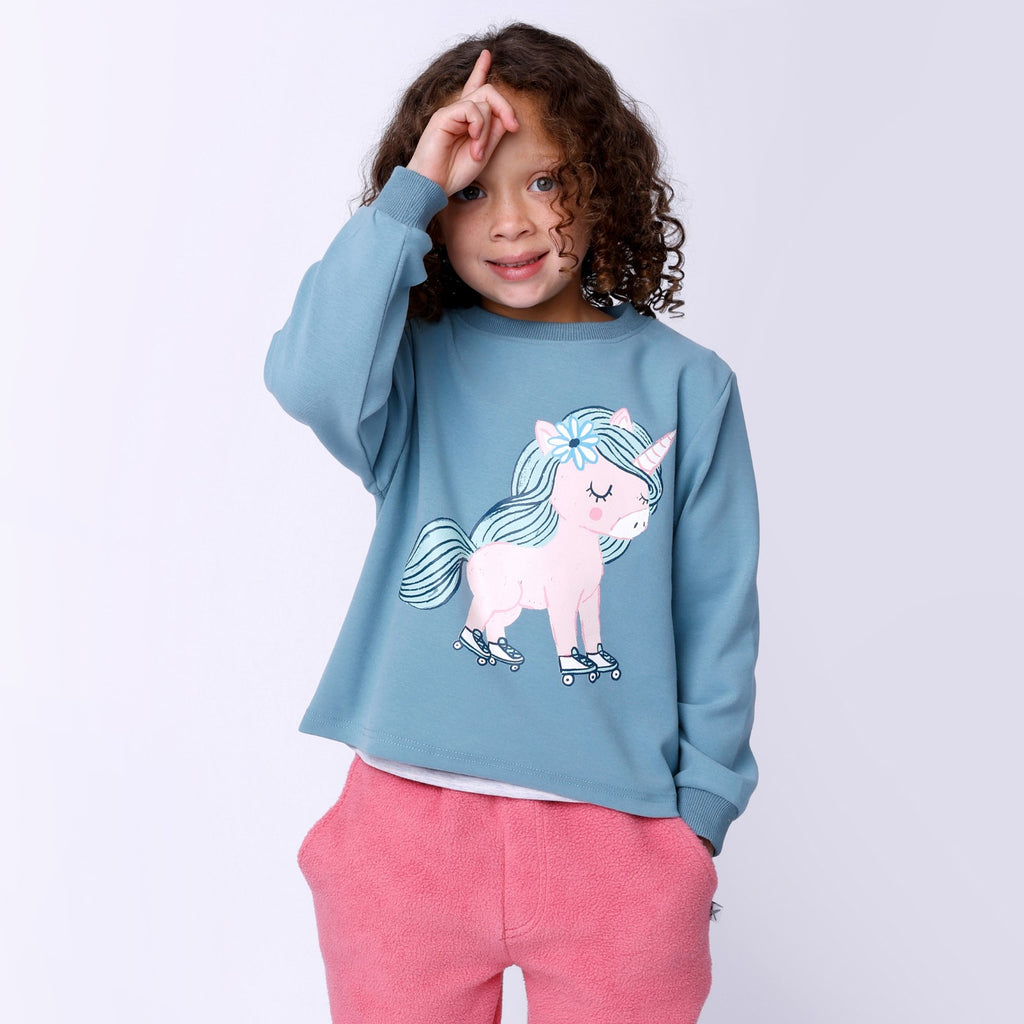 Minti Flower Unicorn Crew - Muted Green