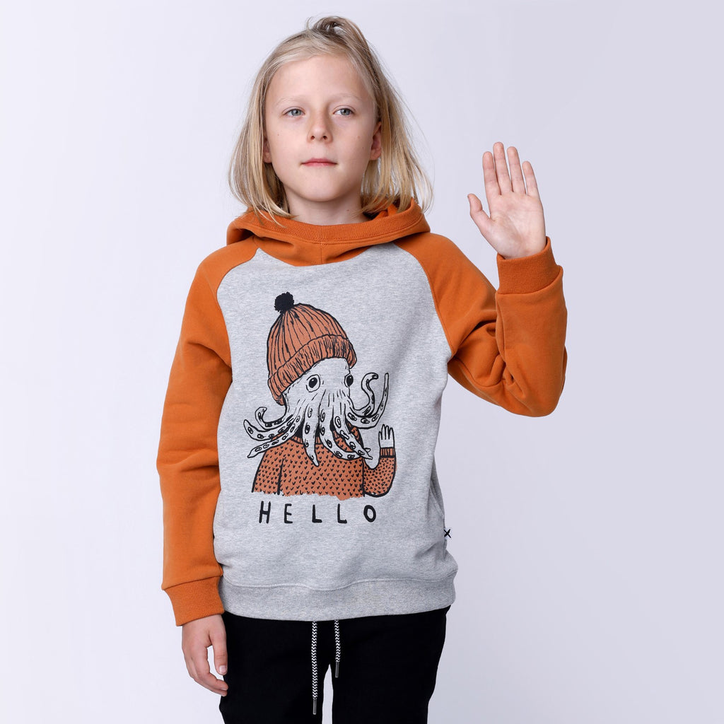 Hello Octopus Furry Hood - Grey Marle/Burnt Orange