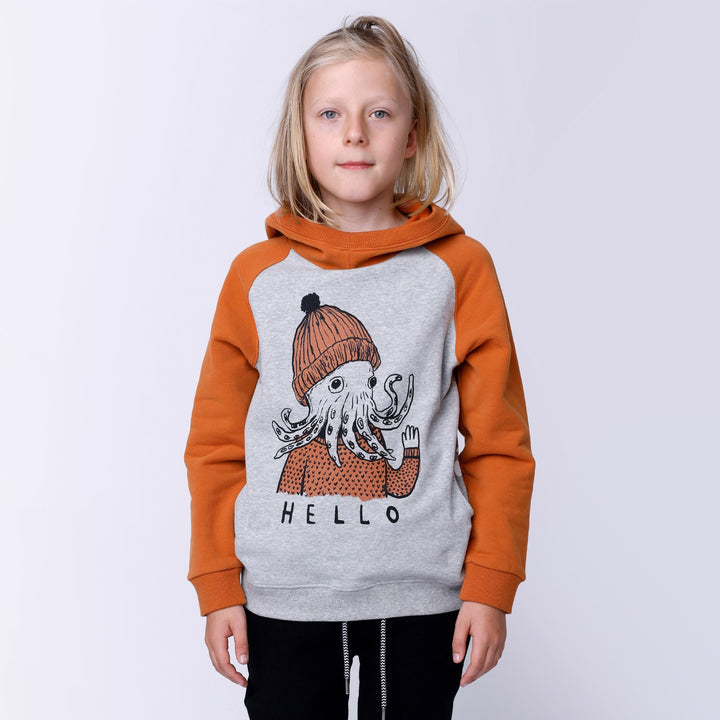 Minti Hello Octopus Furry Hood - Grey Marle/Burnt Orange