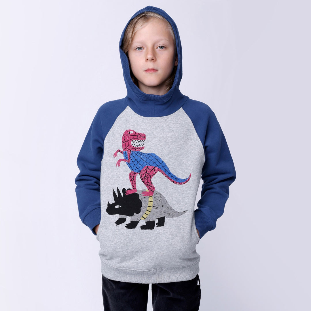 Minti Super Dinos Furry Hood - Grey Marle/Navy