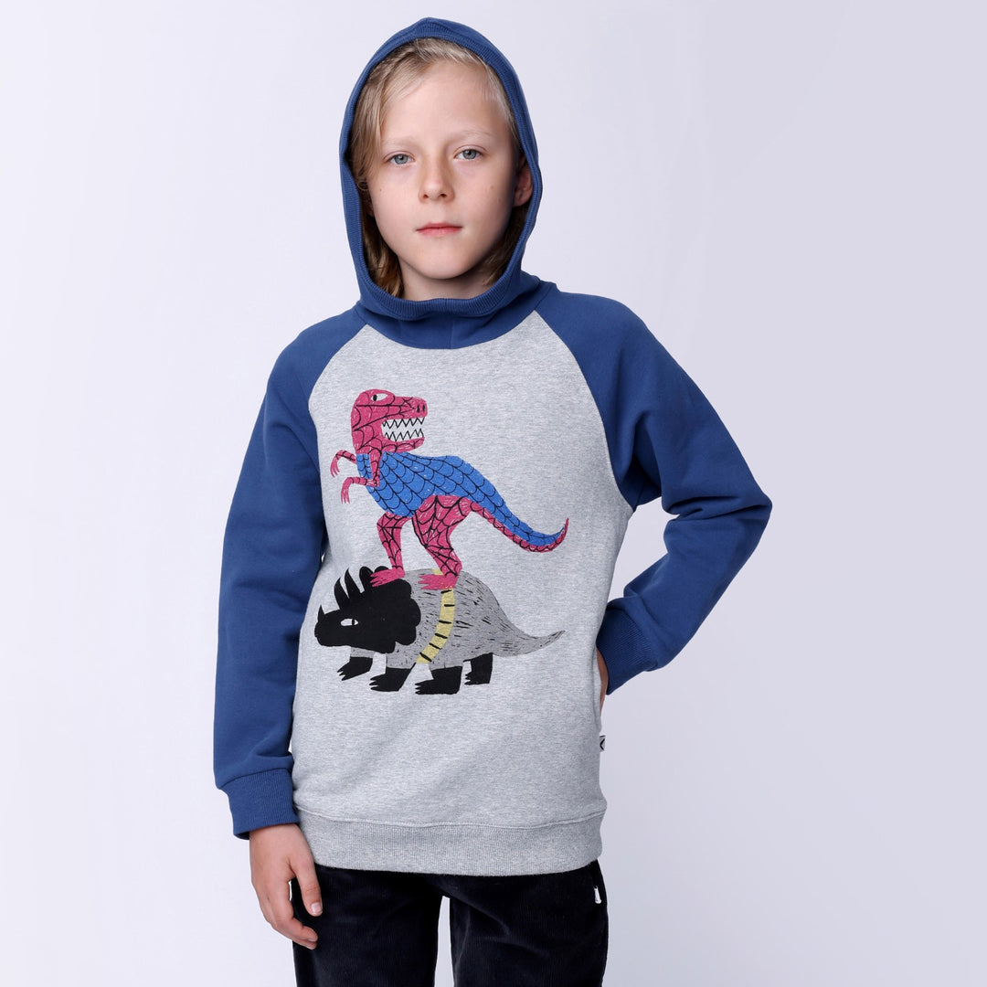 Minti Super Dinos Furry Hood - Grey Marle/Navy