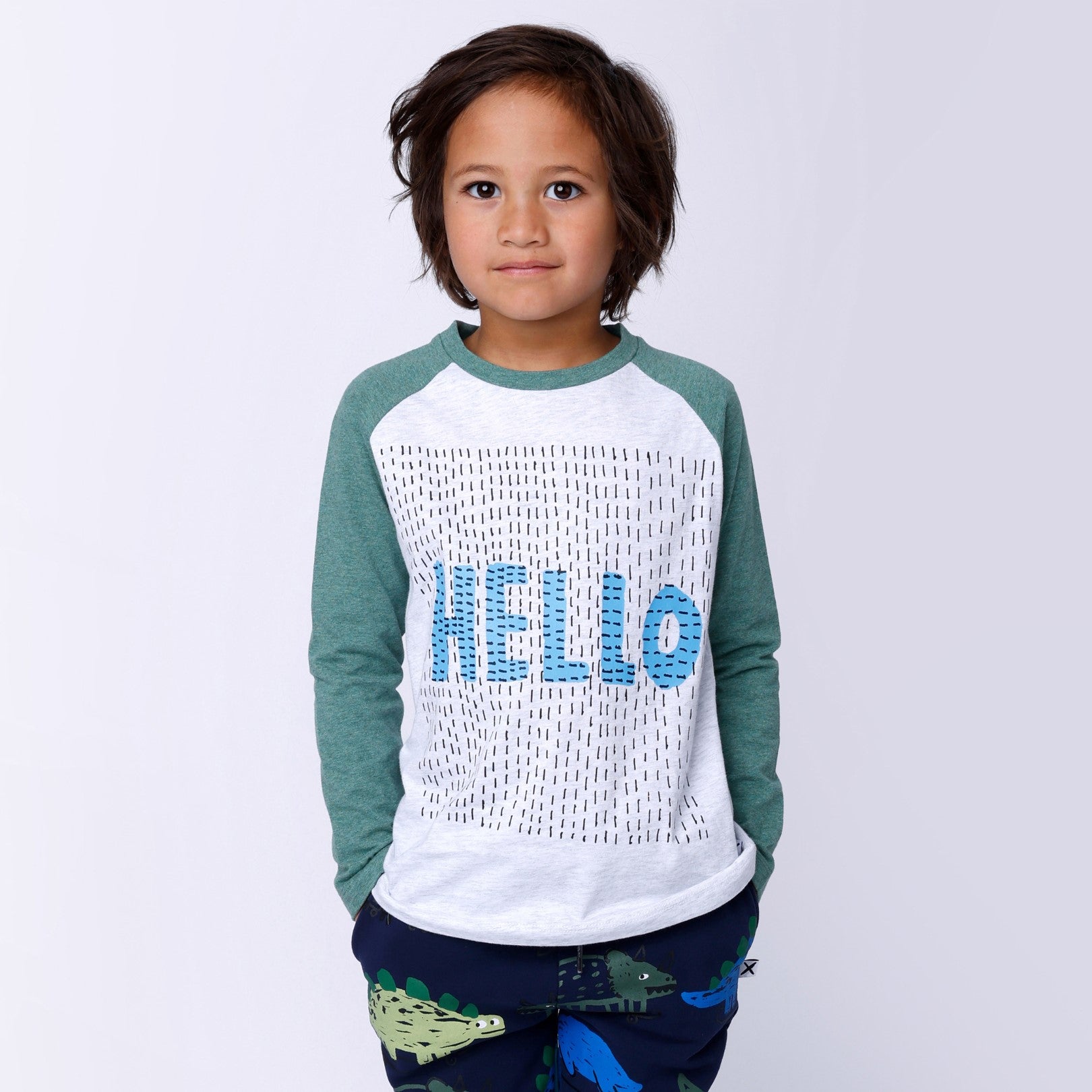 Hello Lines Tee - White Marle/Forest Marle
