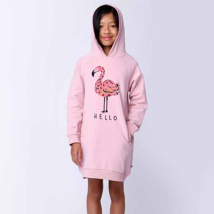 Minti Hello Flamingo Furry Hoodie Dress - Muted Pink