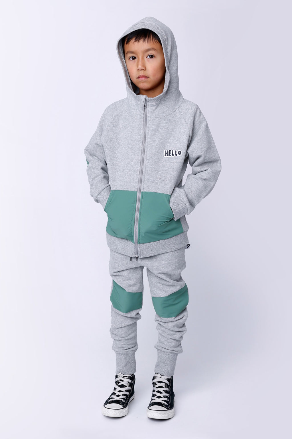 Nylon Patch Furry Trackies - Grey Marle/Green