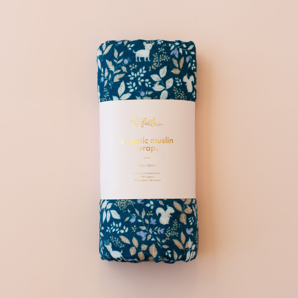 Fox & Fallow Organic Muslin Wrap - Forest Friends Midnight