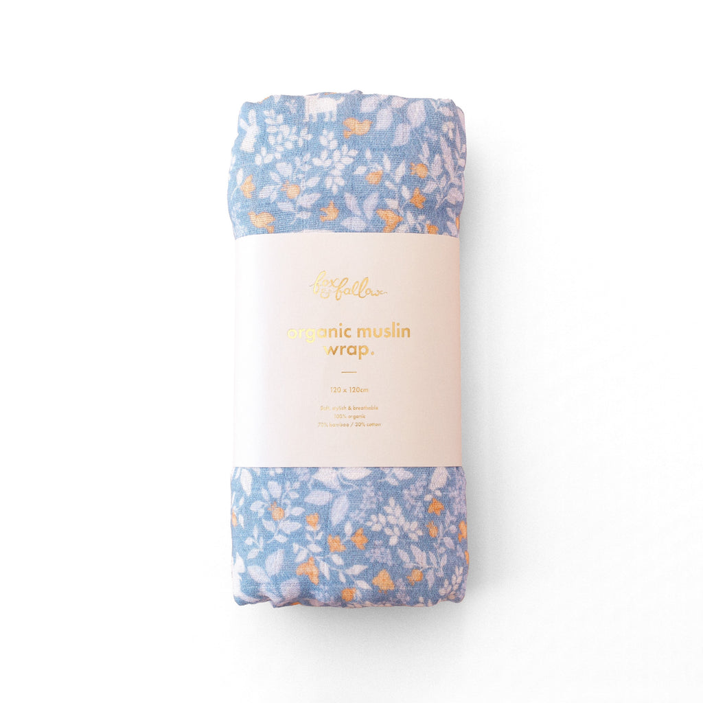 Fox & Fallow Organic Muslin Wrap - Forest Friends Cornflower