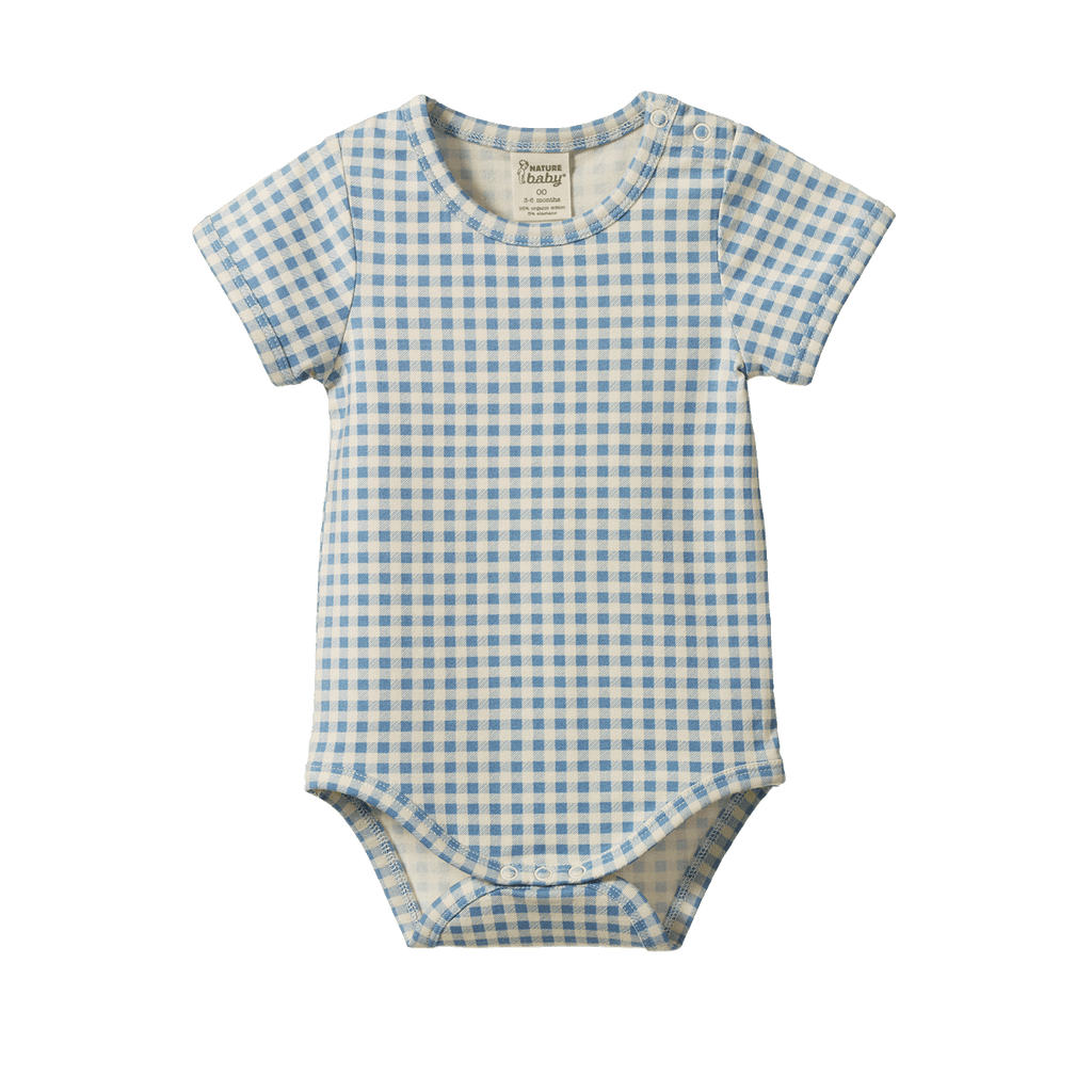 Stretch Jersey Shortsleeve Bodysuit - Blue Gingham