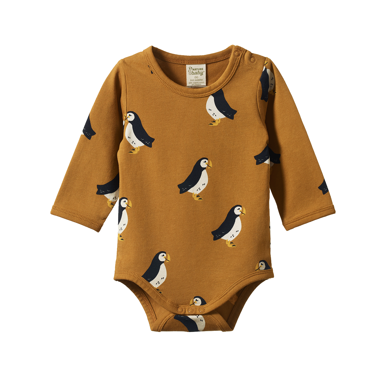 Nature Baby Stretch Jersey Long Sleeve Bodysuit - Puffin Toffee Print