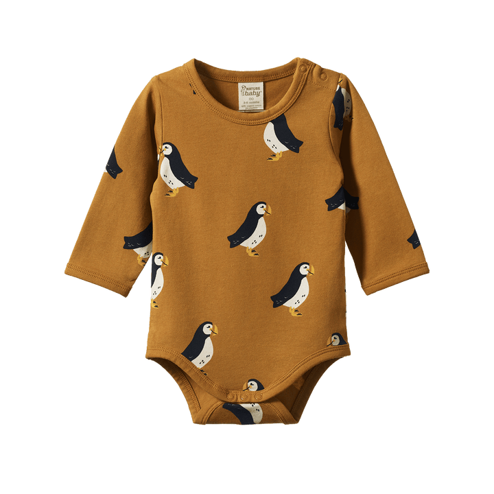 Nature Baby Stretch Jersey Long Sleeve Bodysuit - Puffin Toffee Print
