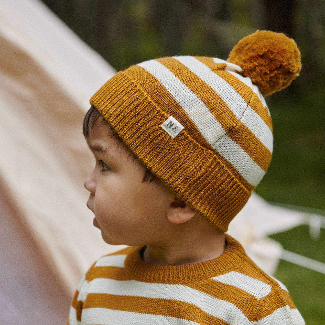 Alpine Pom Pom Beanie - Toffee Bold Stripe
