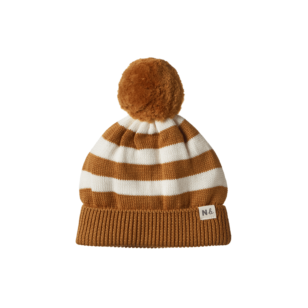 Alpine Pom Pom Beanie - Toffee Bold Stripe