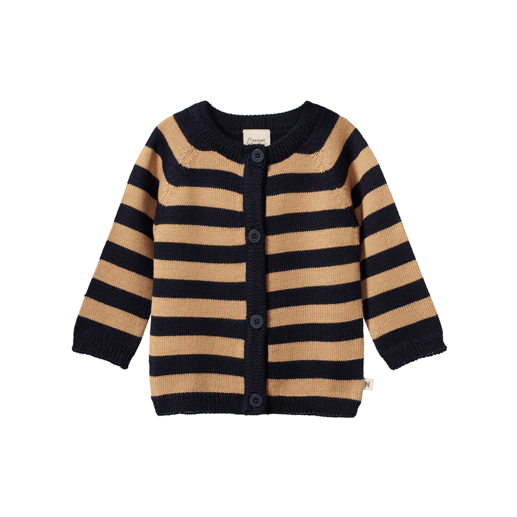 Merino Knit Cardigan - Navy/Caramel Stripe