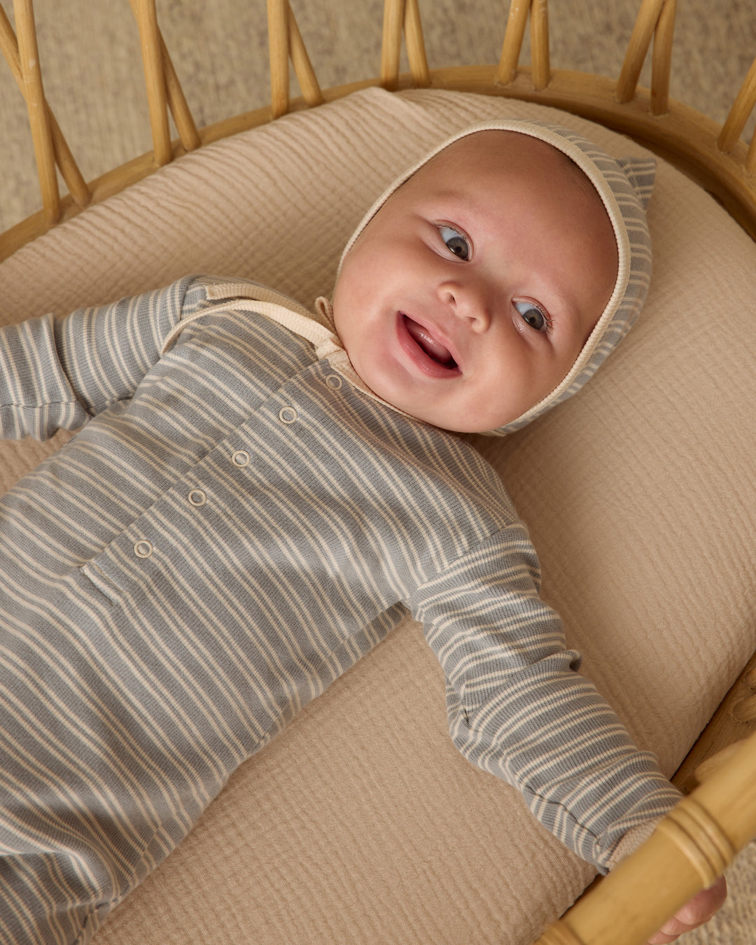 PRE-ORDER Quincy Mae Ribbed Baby Jumpsuit || Steel Blue Micro Stripe