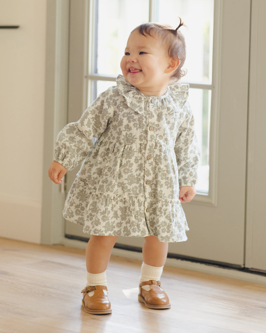 PRE-ORDER Quincy Mae Ruffle Collar Button Dress || Green Floral