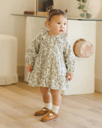 Ruffle Collar Button Dress - Green Floral