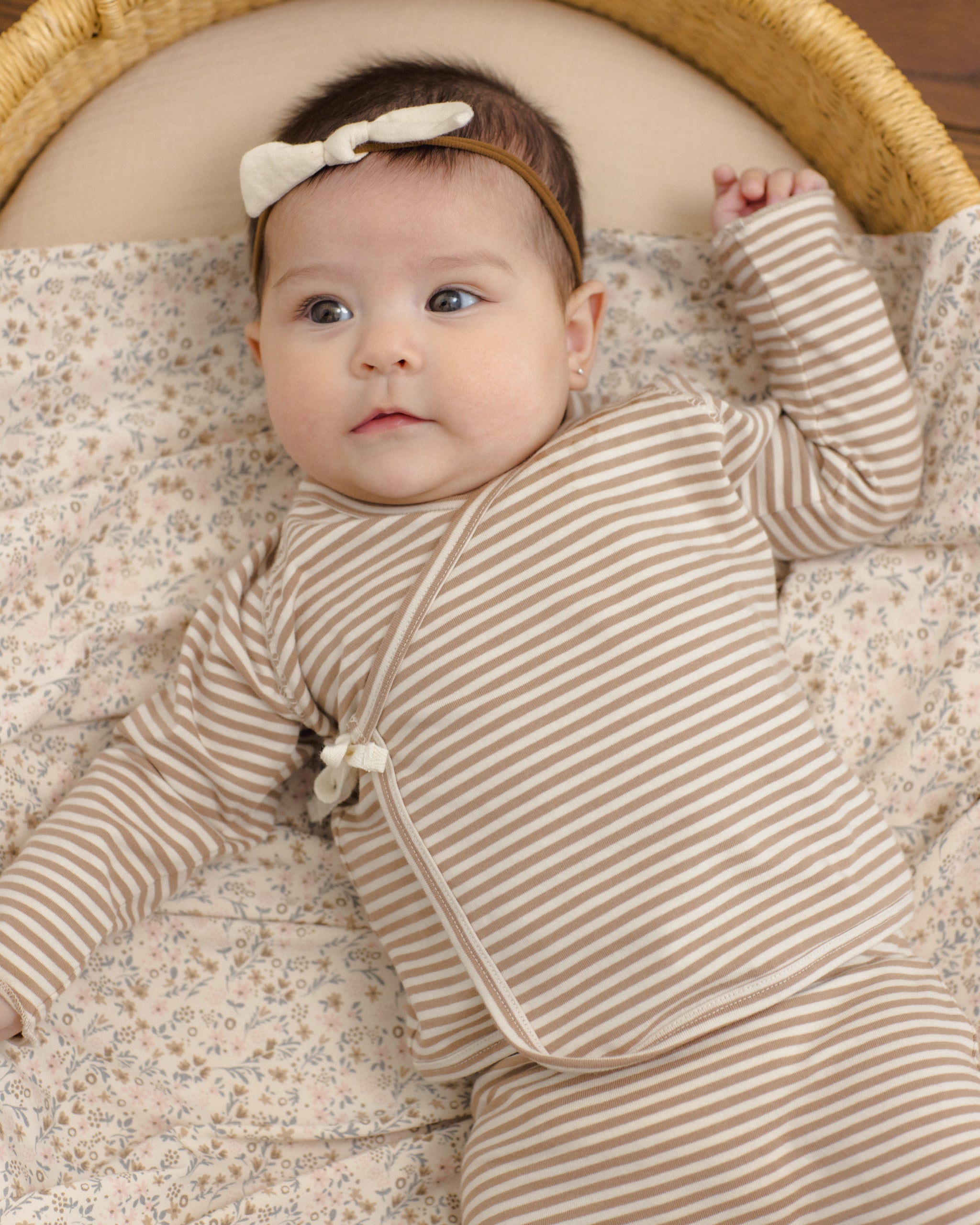 PRE-ORDER - Wrap Top + Footed Pant Set - Almond Stripe