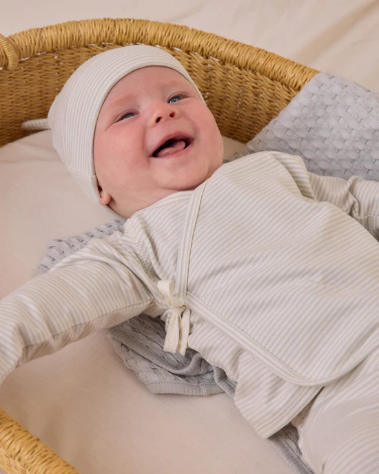 Quincy Mae Wrap Top + Footed Pant Set - Sky Micro Stripe
