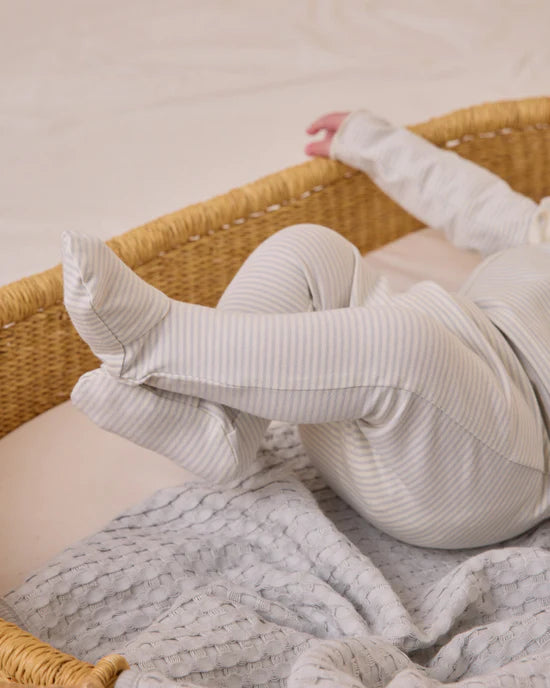 Quincy Mae Wrap Top + Footed Pant Set - Sky Micro Stripe