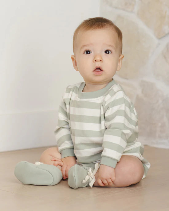 Quincy Mae Crewneck Bubble Romper - Sage Stripe