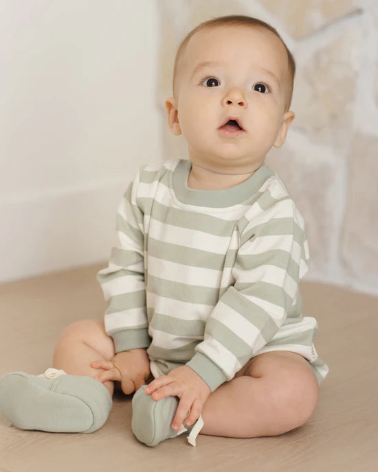 Quincy Mae Crewneck Bubble Romper - Sage Stripe