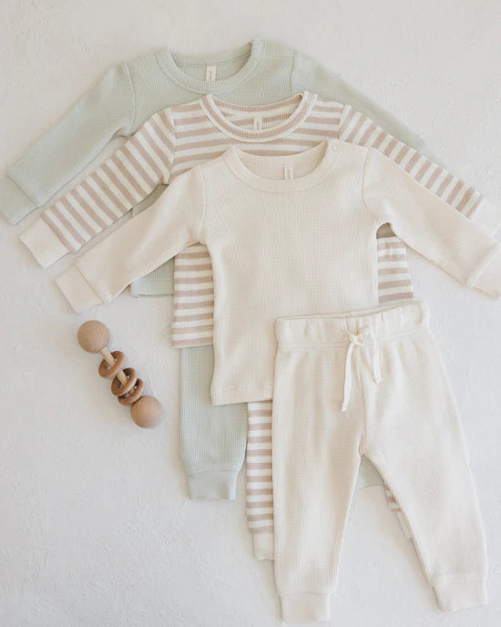 Quincy Mae Waffle Top + Pant Set - Oat Stripe