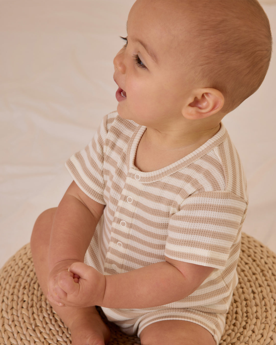 Quincy Mae Terry Henley Romper - Oat Stripe