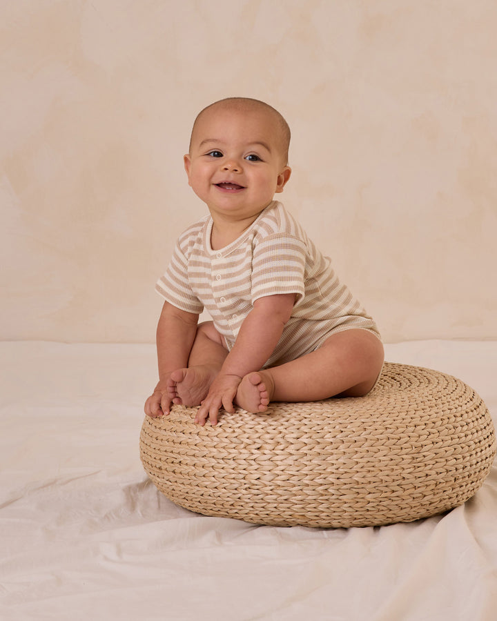 Quincy Mae Terry Henley Romper - Oat Stripe