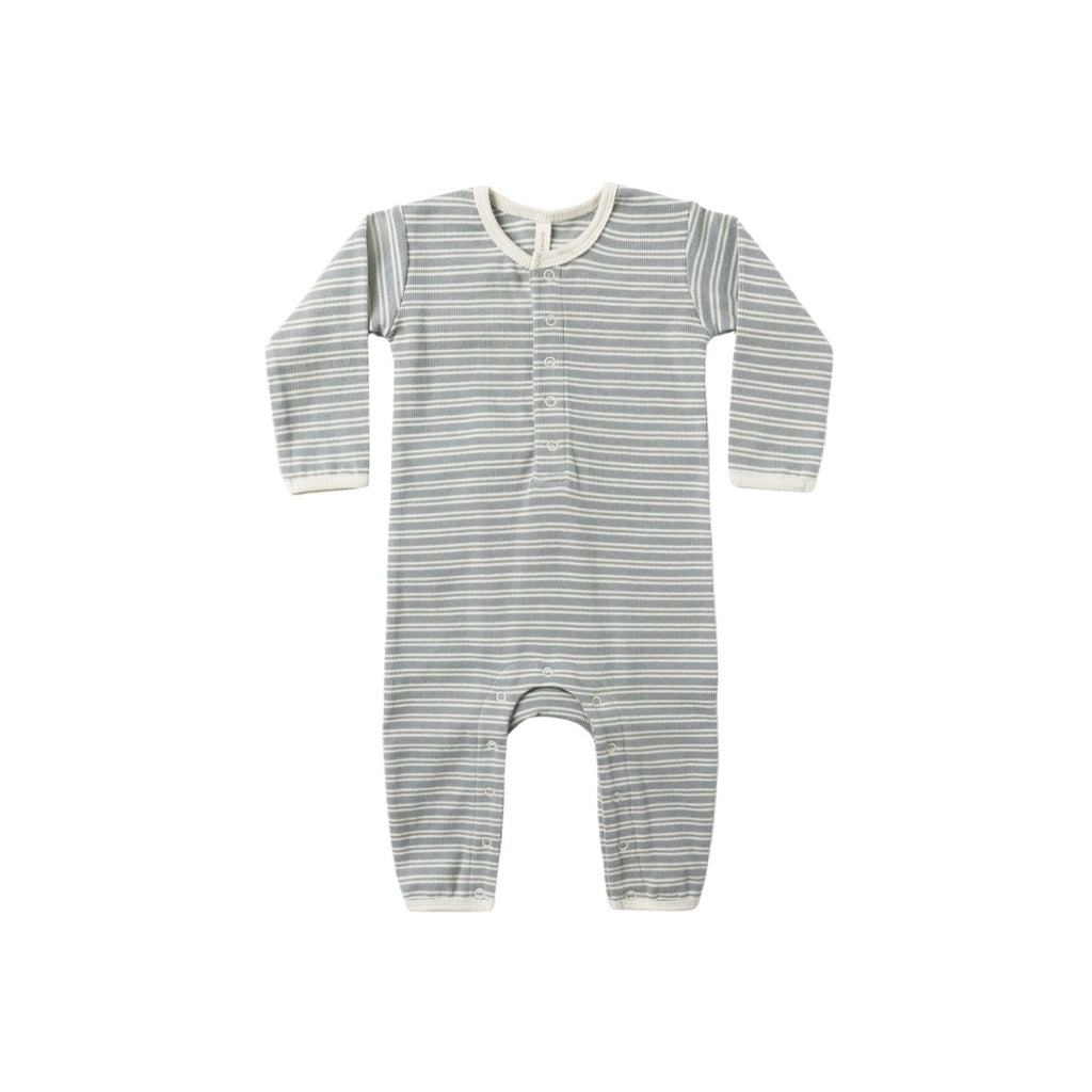 Quincy Mae Ribbed Baby Jumpsuit - Steel Blue Micro Stripe