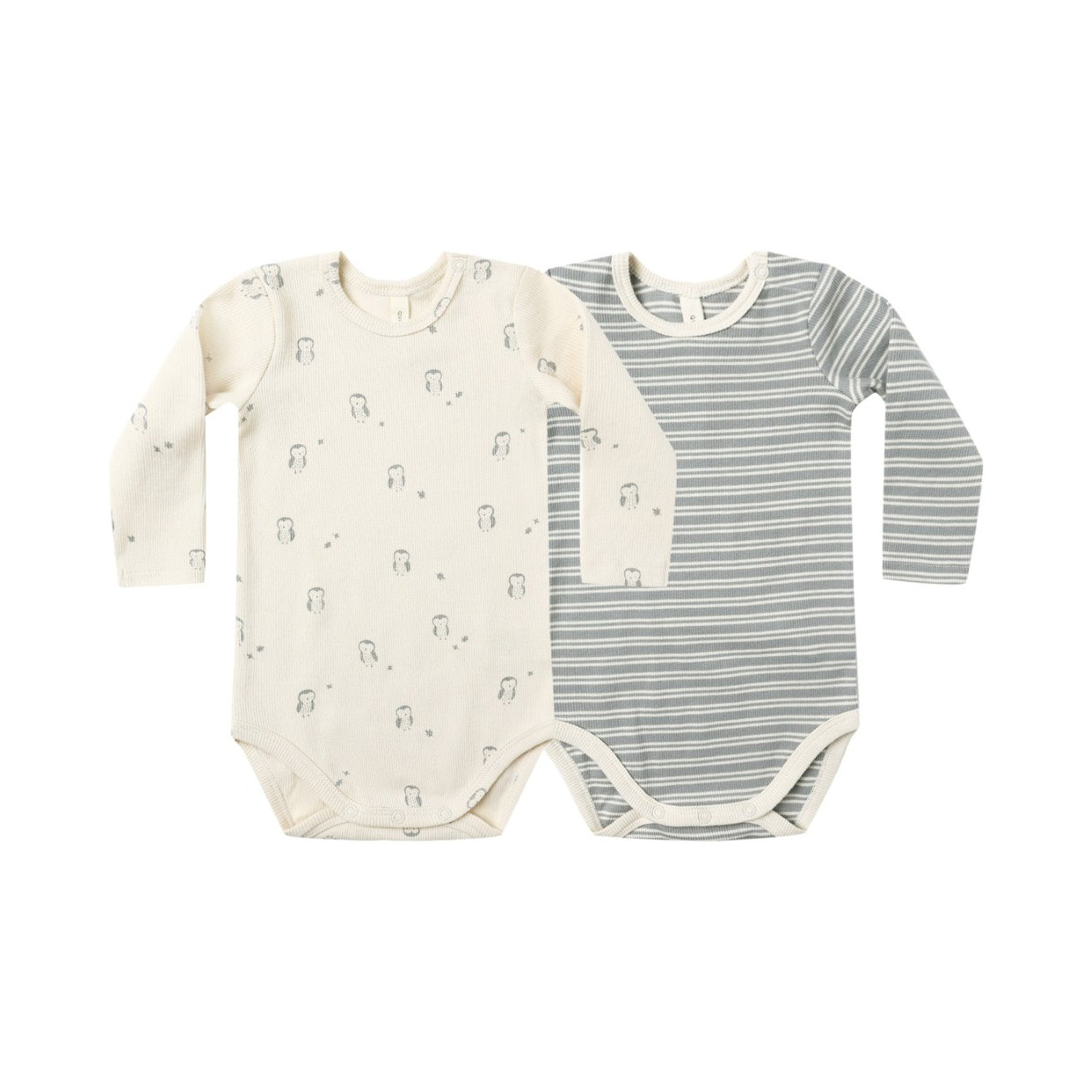 Quincy Mae Ribbed Bodysuit, 2 Pack - Steel Blue Micro Stripe, Owls