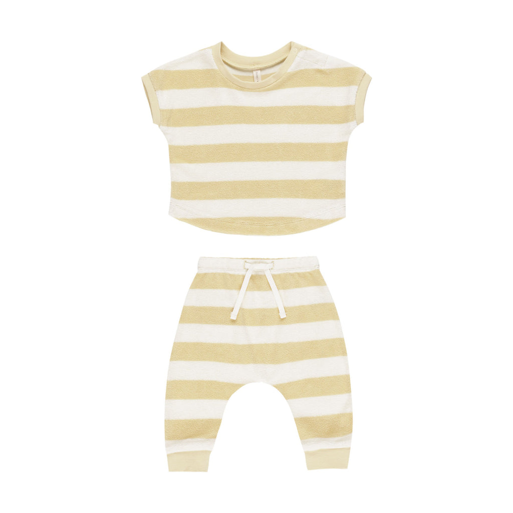 Quincy Mae Terry Tee + Pant Set - Yellow Stripe