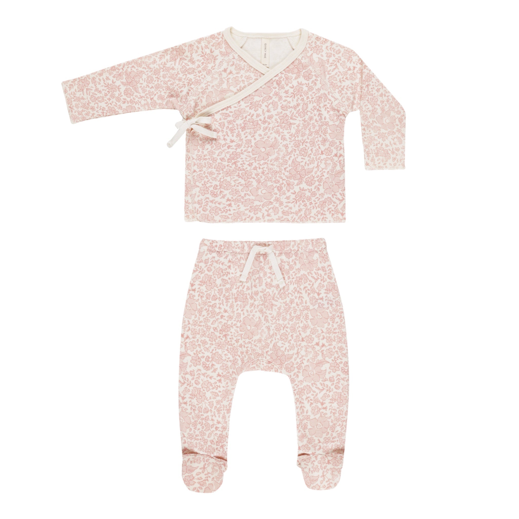 Quincy Mae Wrap Top + Footed Pant Set - Pink Blossom