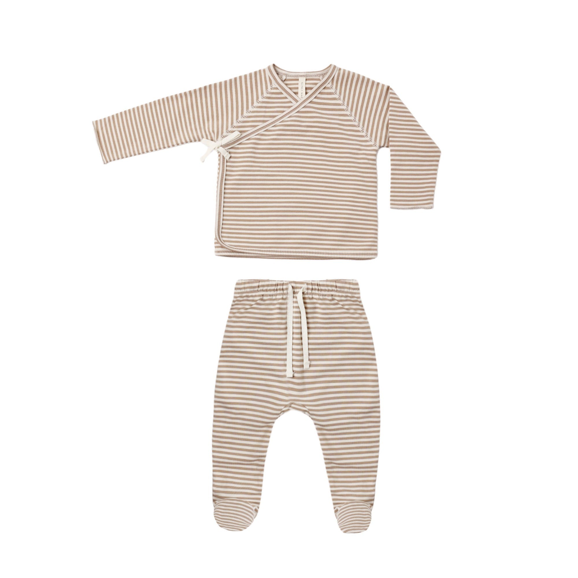 PRE-ORDER - Wrap Top + Footed Pant Set - Almond Stripe