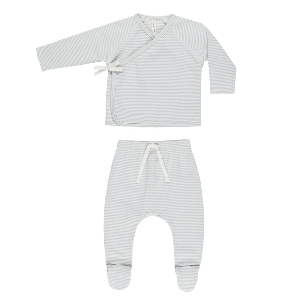 Quincy Mae Wrap Top + Footed Pant Set - Sky Micro Stripe