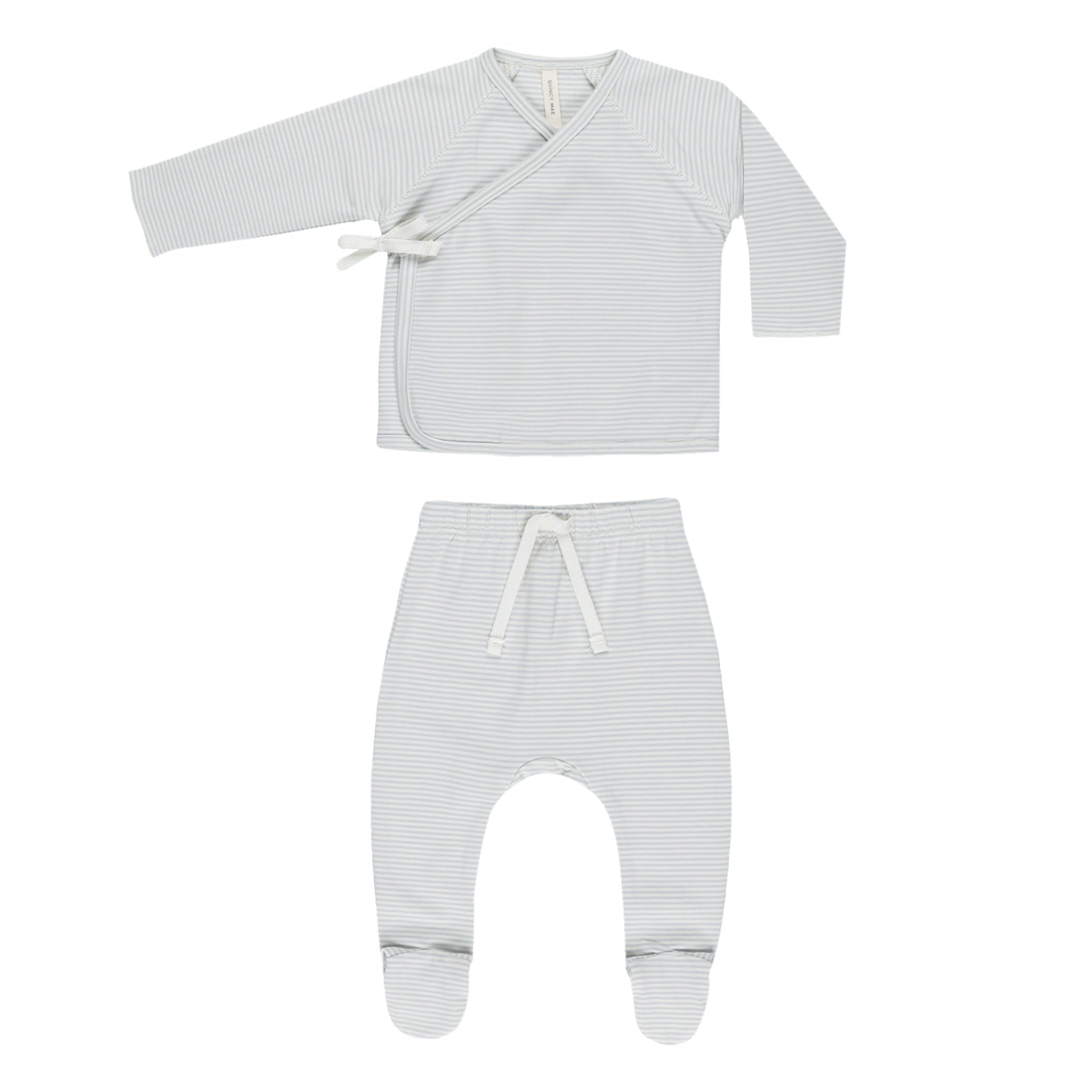 Quincy Mae Wrap Top + Footed Pant Set - Sky Micro Stripe