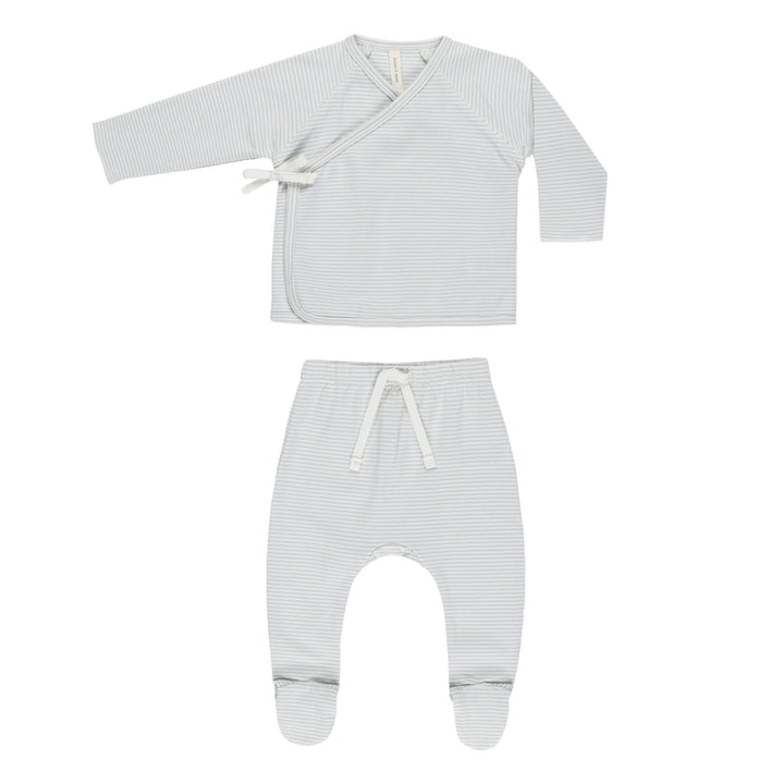 Quincy Mae Wrap Top + Footed Pant Set - Sky Micro Stripe