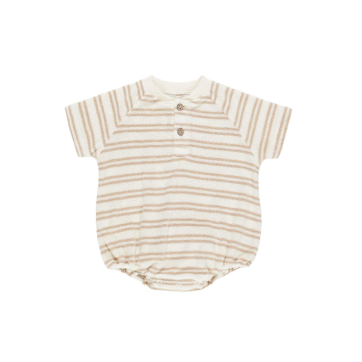Quincy Mae Terry Henley Romper - Oat Stripe