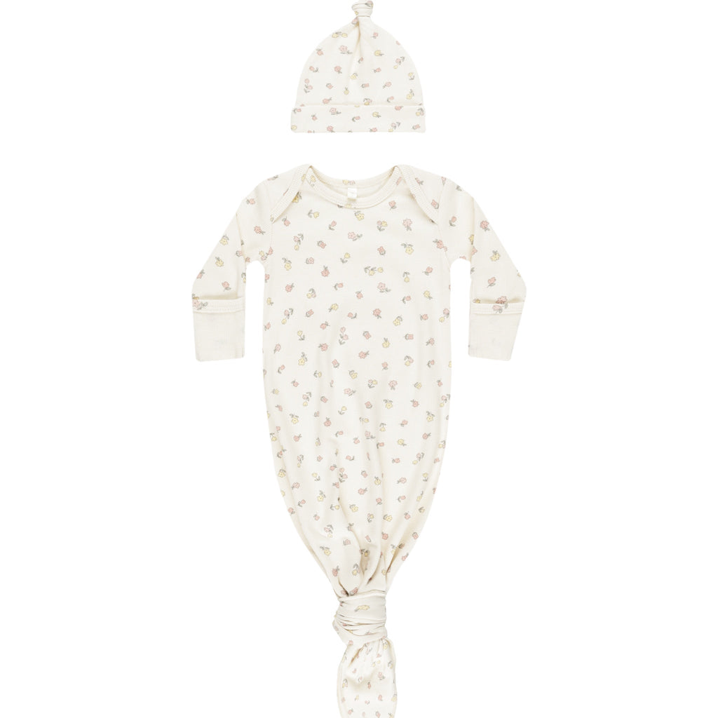 Quincy Mae Knotted Baby Gown + Hat Set - Fleur